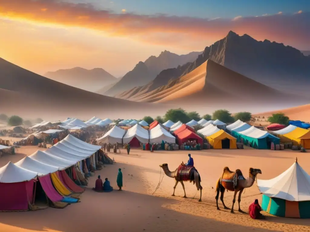 Un vibrante mercado nómada en el desierto, resaltando textiles y artesanías, reflejando unidad y cultura