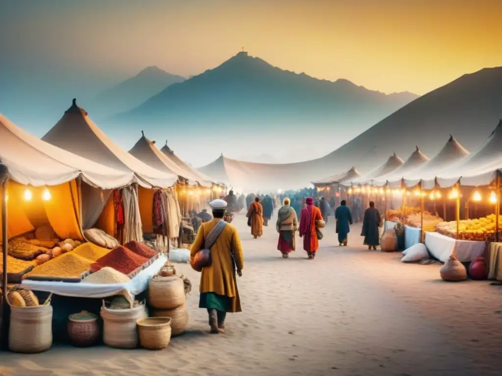 Vibrante mercado de la Ruta de la Seda, reflejando la influencia nómada en la diversidad cultural bajo un atardecer dorado