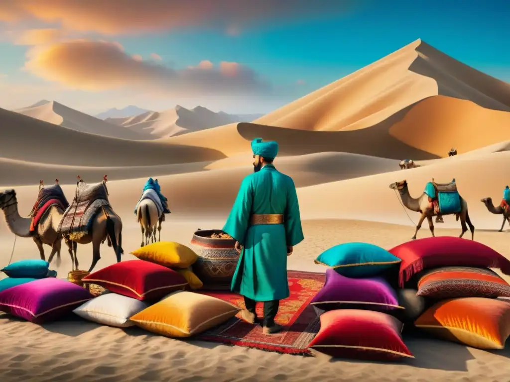 Mercado bullicioso en la Ruta de la Seda Un vibrante mercado en la Ruta de la Seda con tribus nómadas intercambiando bienes con mercaderes