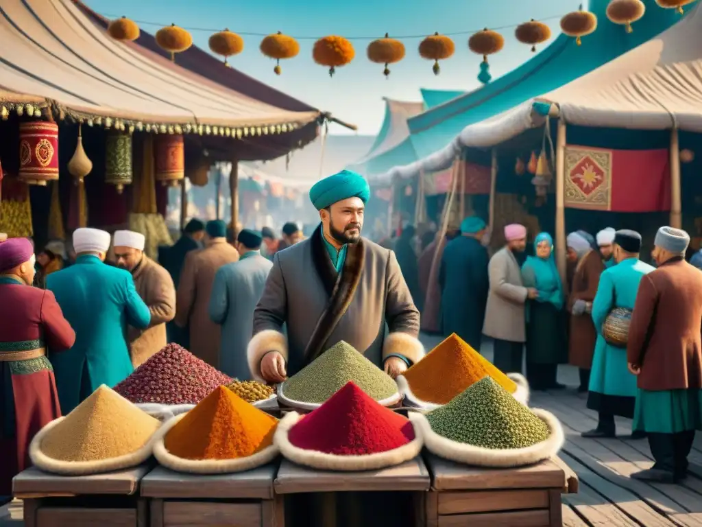 Mercado bullicioso en la sociedad tártara: especias y pieles de lujo Vibrante mercado tártaro: historia comercio tártaros especias pieles en bulliciosa plaza llena de color y cultura