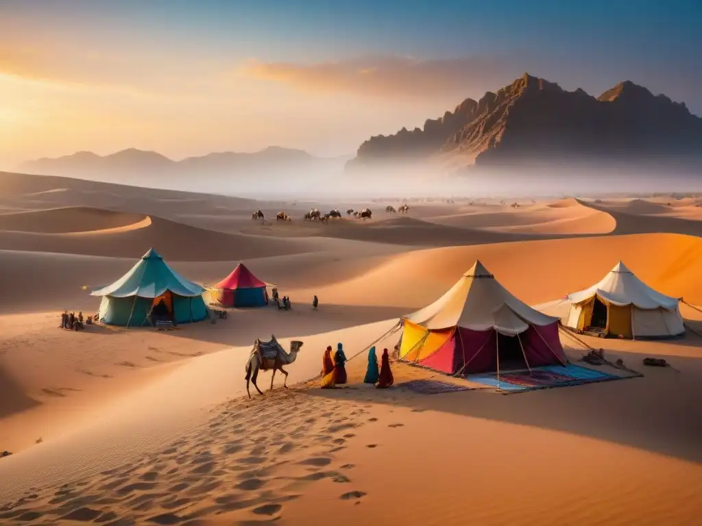 Vibrante mercado en tribus nómadas entre dunas desiertas al atardecer