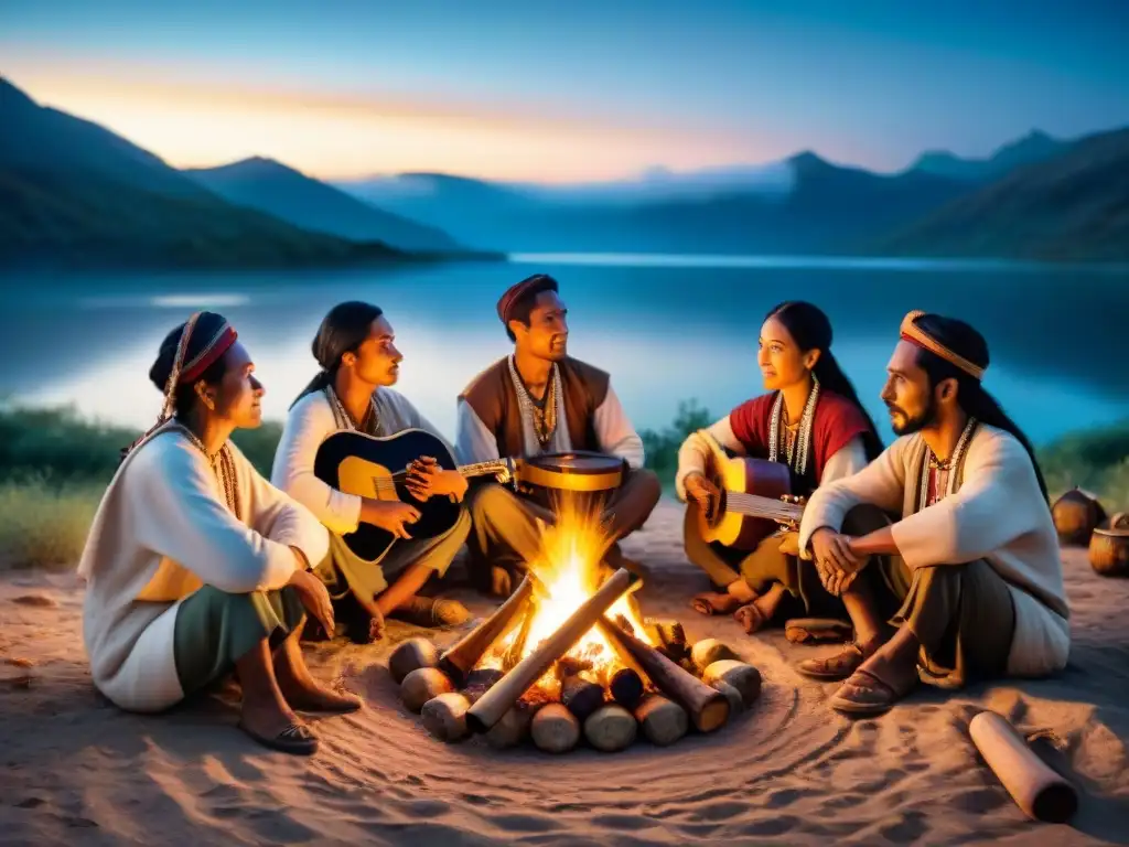 Vibrante noche de tribu nómada tocando instrumentos musicales, conectando historia y tradición cultural bajo las estrellas