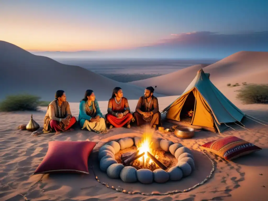 Reunión nocturna de tribu nómada en el desierto: tradición y comunidad Vibrante tribu nómada en desierto, reflejando moda nómada contemporánea inspirada en tradiciones