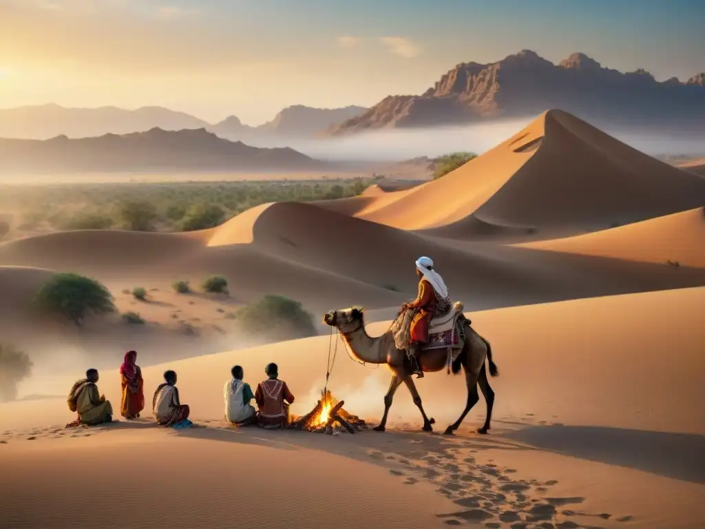 Vida infantil en tribus nómadas: Niños jugando alegremente en el desierto dorado al atardecer