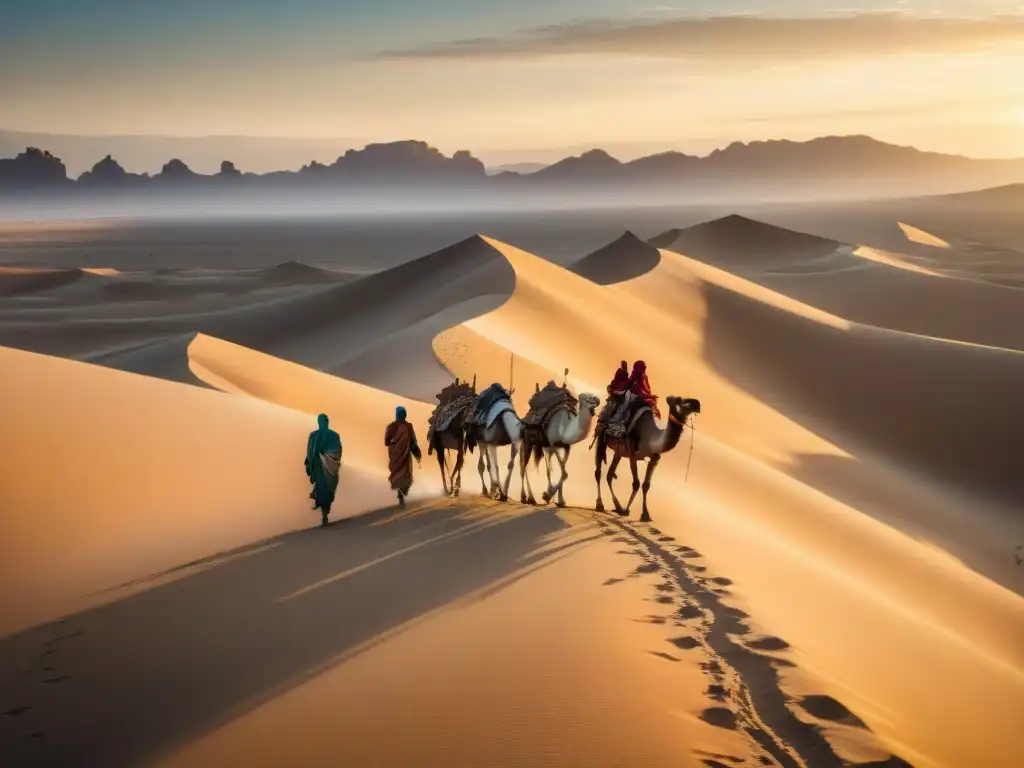 Fotografía de vida nómada: caravana de camellos en un desierto al atardecer, evocando la esencia del nomadismo