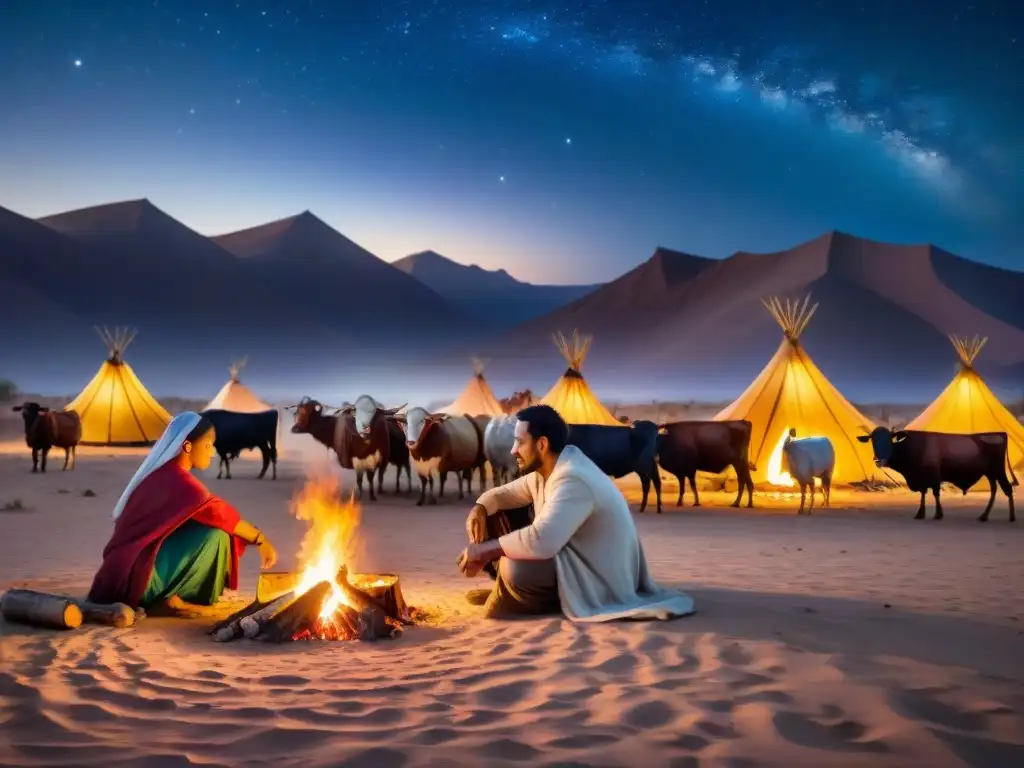 Vida nómada en el desierto bajo estrellado cielo, con tribu alrededor de fogata y ganado