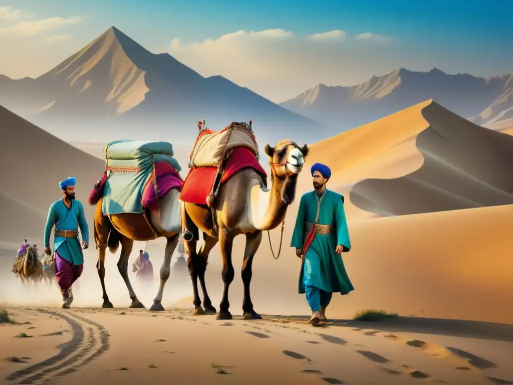 Viajeros nómadas en la Ruta de la Seda Una ilustración vintage detalla la vida nómada en la Ruta de la Seda, con intercambios animados y colores vibrantes