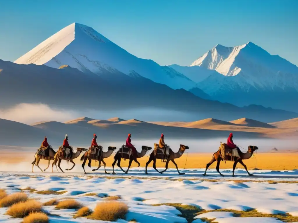 Vida nómada de tribus cruzando una estepa dorada con camellos cargados, montañas nevadas al fondo