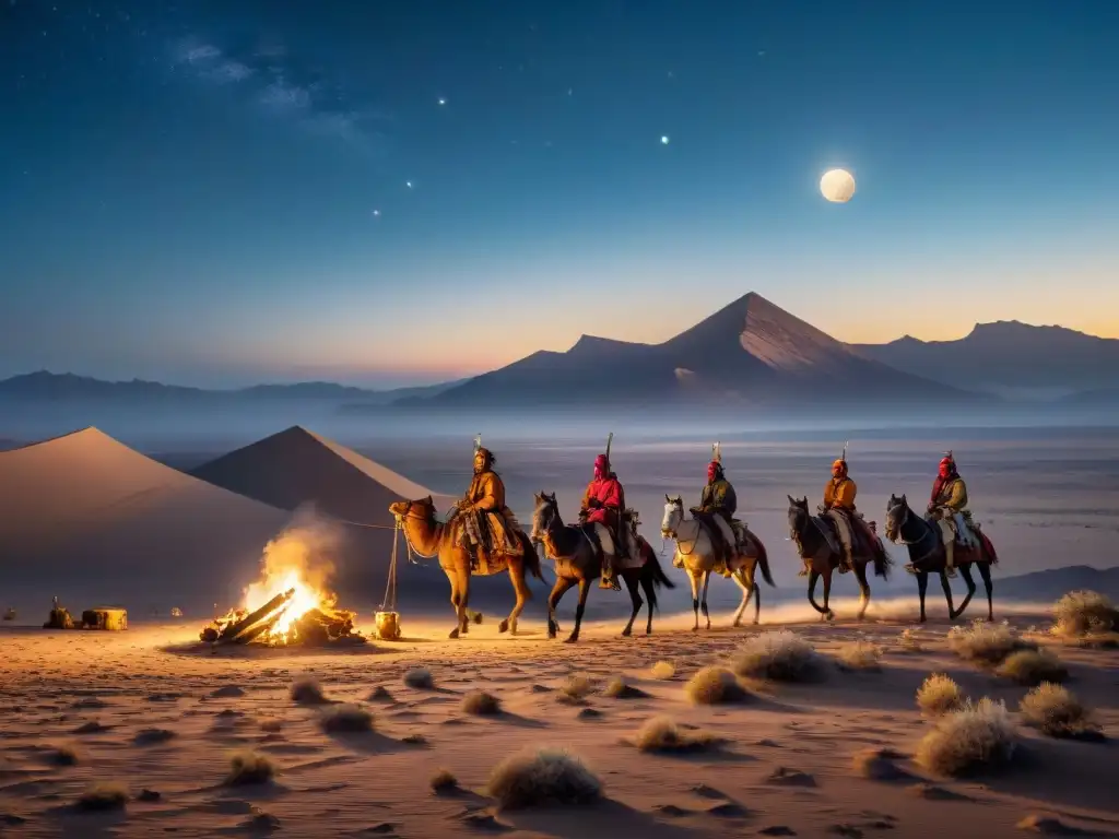 Vida nómada de tribus históricas cruzando desierto estrellado, marcado por campamentos y armas antiguas bajo la luna