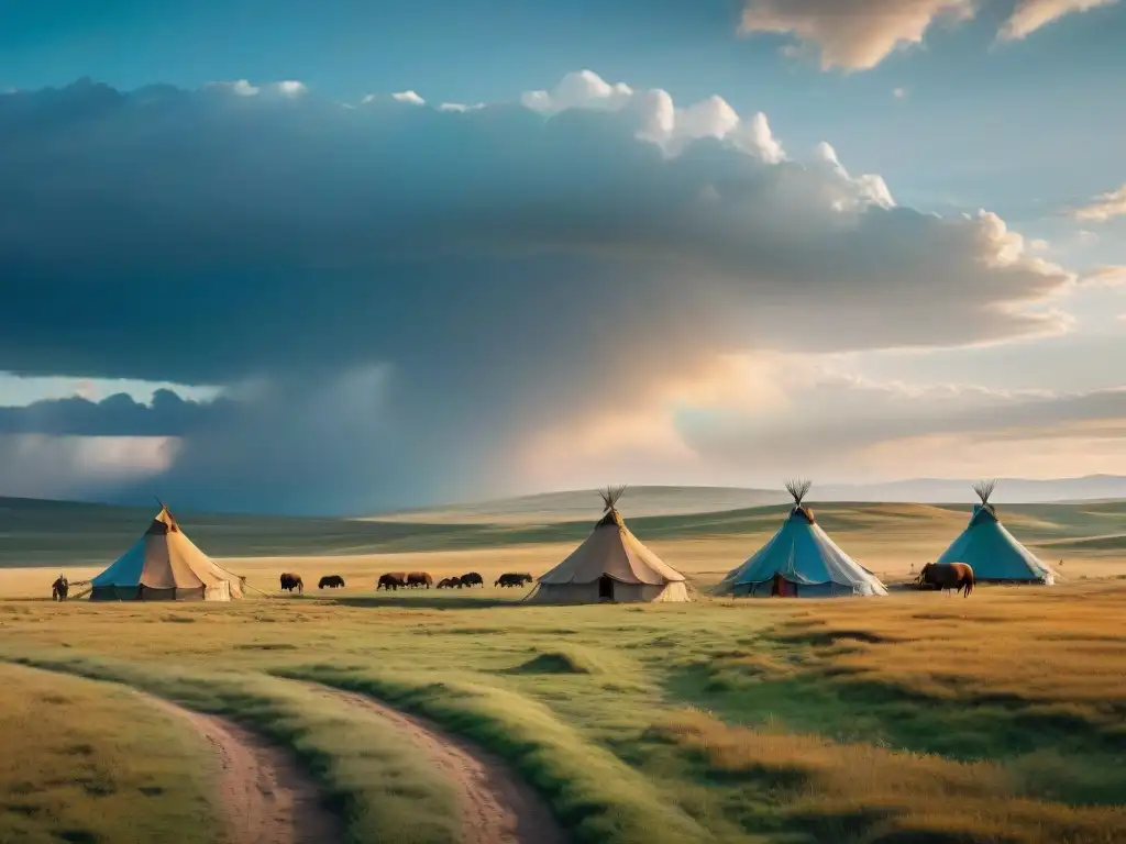 La vida nómada en las vastas estepas con hermosos paisajes y tribus coloridas