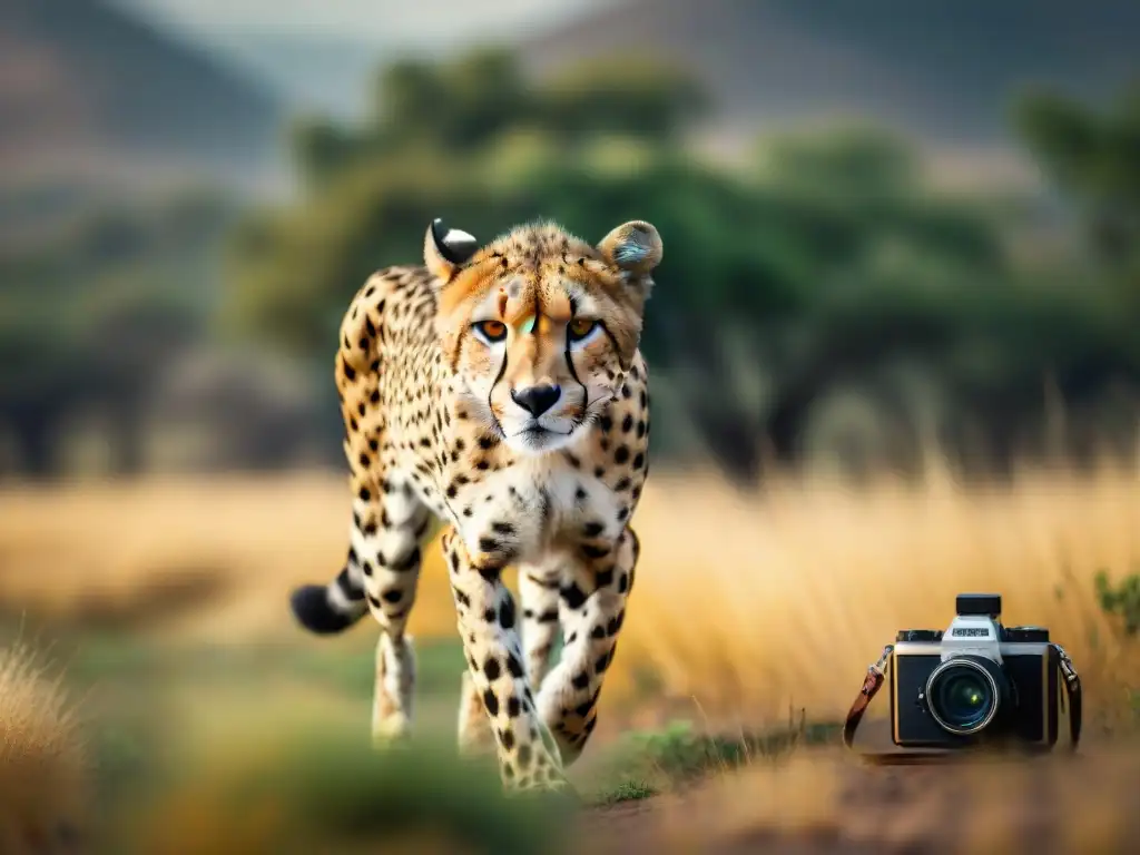 Fotografía de vida salvaje: majestuoso guepardo en plena carrera, capturado con cámara antigua