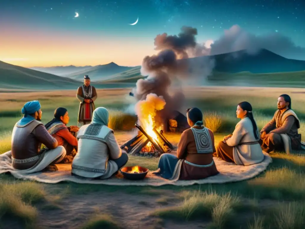 Debate candente en la estepa: tribu nómada en ilustración detallada vintage Vida de tribus nómadas esteparias debatiendo junto al fuego bajo el cielo estrellado