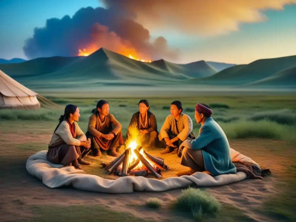 Reunión mágica alrededor del fuego: tribus nómadas en la estepa Vida de tribus nómadas esteparias reunidas alrededor de fogata bajo un cielo estrellado, compartiendo historias y sabiduría ancestral