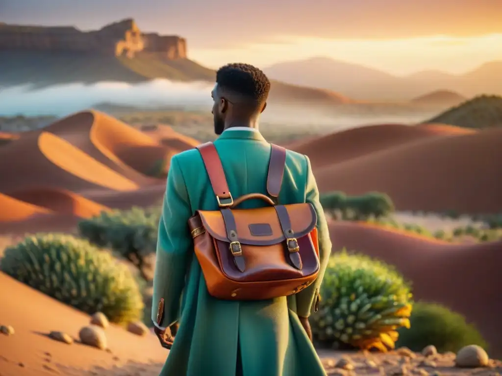 Una vieja cartera de cuero rebosante de frutas y frutos secos exóticos en un paisaje desértico al atardecer