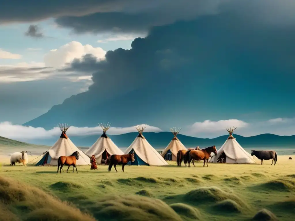 Vida nómada en las estepas: tribu en armonía con la naturaleza Vieja ilustración detallada de tribu nómada en estepas con impacto ambiental en su entorno