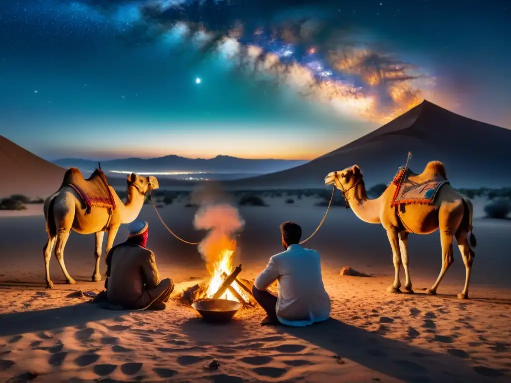 Vieja tribu nómada reunida alrededor de fogata bajo cielo estrellado en desierto, reflejando relación naturaleza tribus nómadas