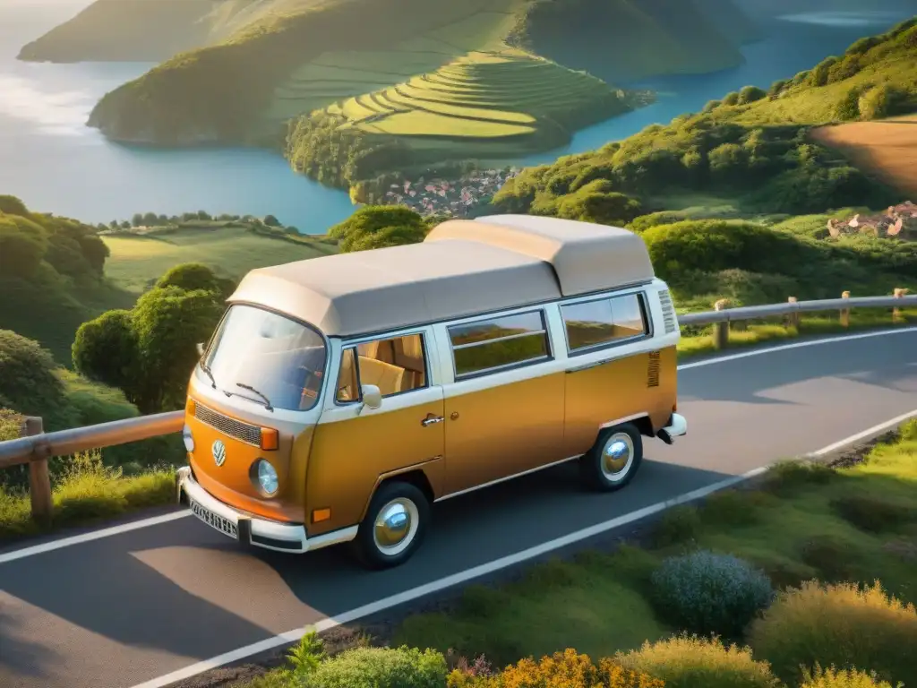 Camper van vintage en atardecer pintoresco, ideal para Guía transformación vehículo hogar nómada