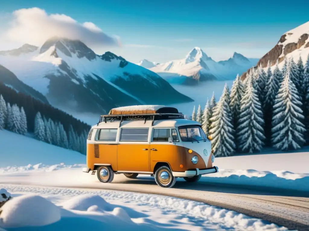 Camper van vintage con cadenas de nieve en la montaña nevada, ideal para vida nómada invierno