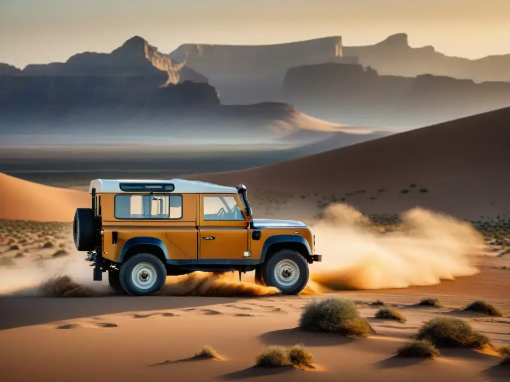 Un Land Rover Defender vintage en un desierto al atardecer, reflejando aventura