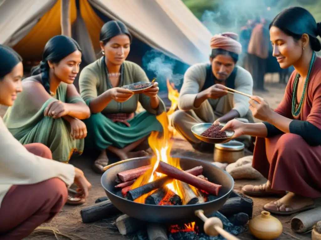 Una ilustración vintage detallada de una tribu nómada preparando carne seca alrededor de una fogata, transmitiendo tradición nómada carne seca