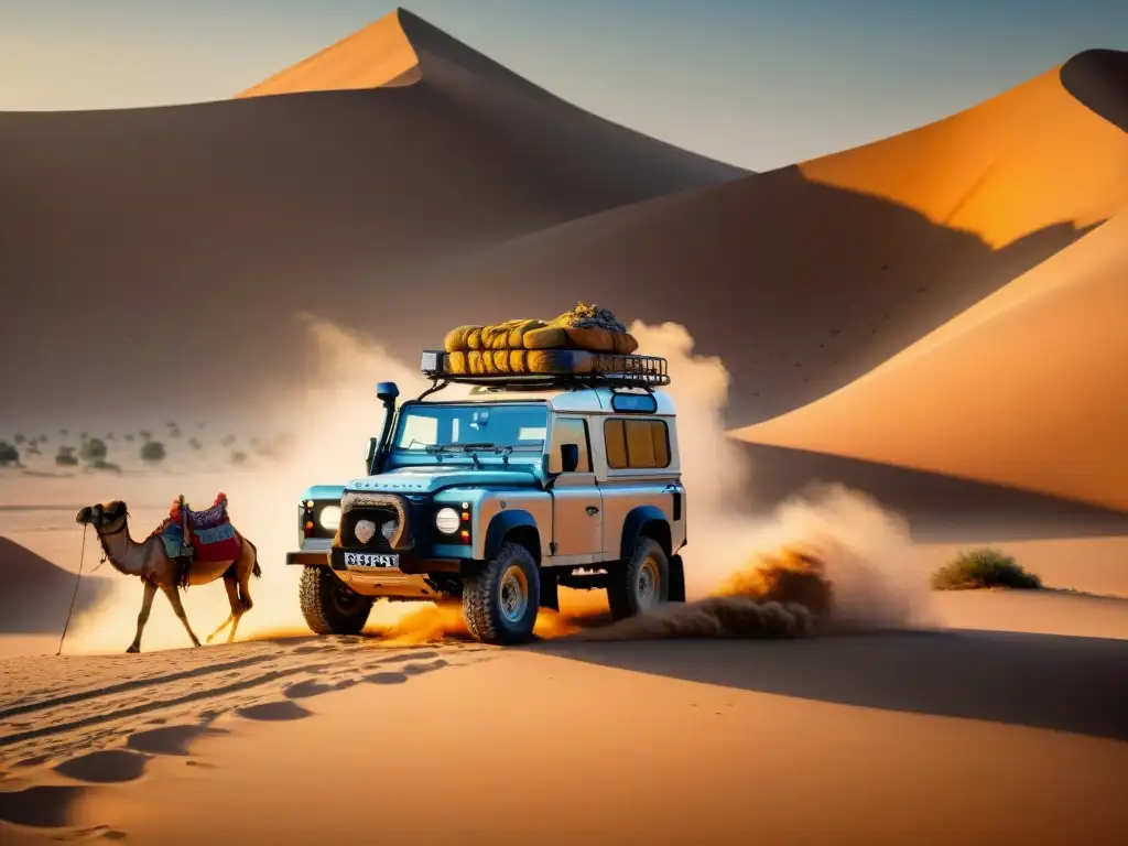 Un Land Rover Defender vintage rodeado de tribus nómadas en el desierto al atardecer