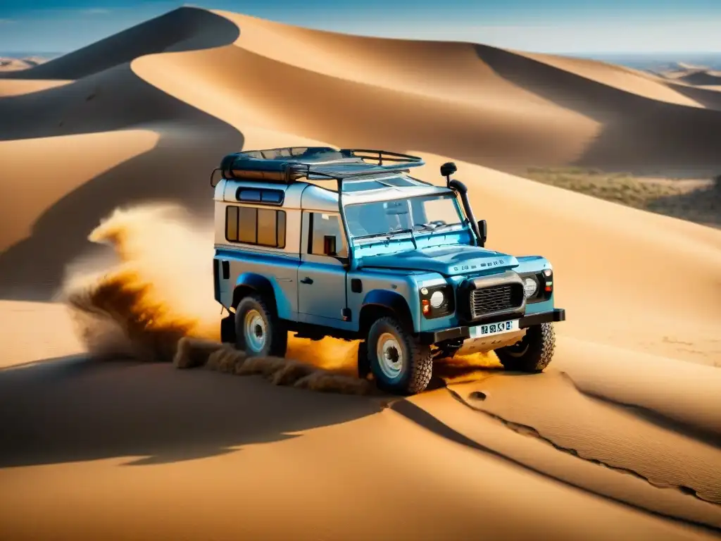 Un Land Rover Defender vintage en un terreno desértico remoto, rodeado de dunas, destacando su resistencia