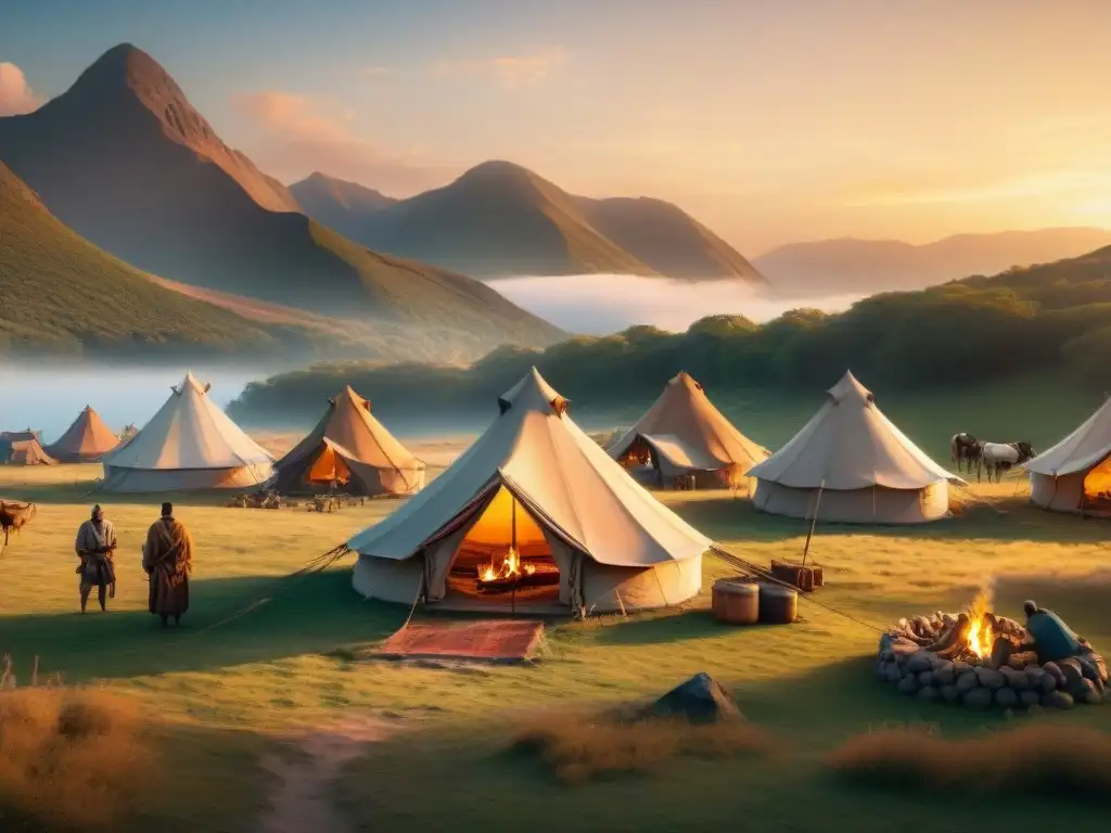 Reconstrucción virtual de campamento de tribus nómadas al atardecer