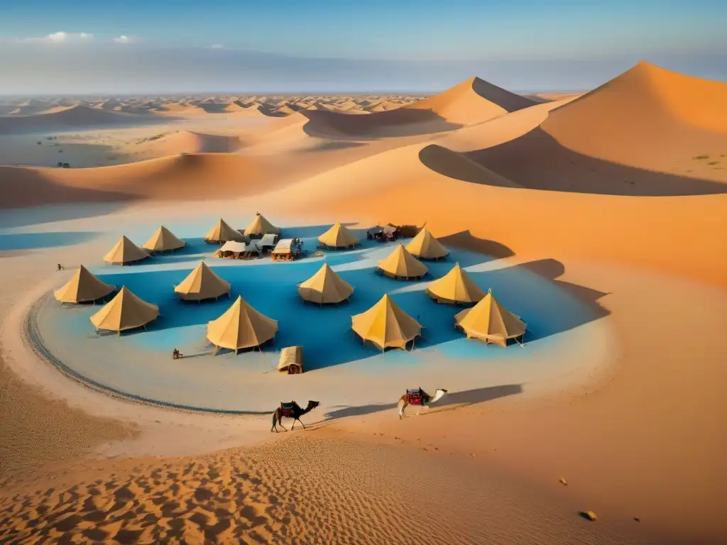 Una vista aérea de una tribu nómada en el desierto, con tiendas, camellos y actividades variadas