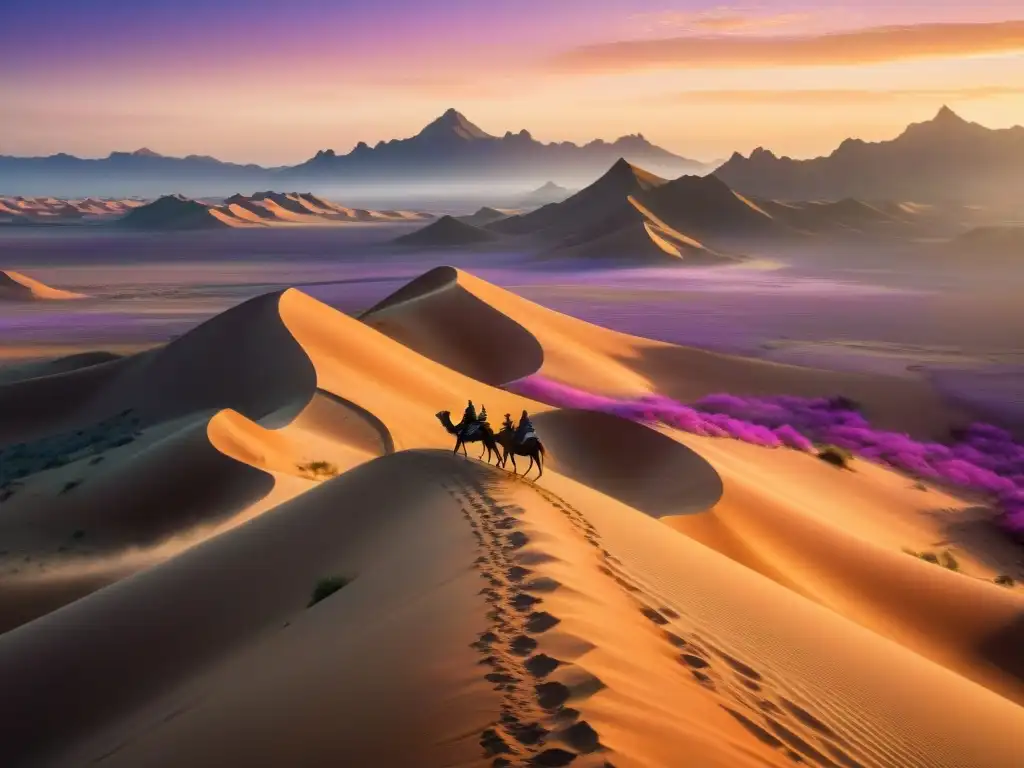 Una vista cautivadora del desierto con tribus nómadas en la Ruta de la Seda al atardecer