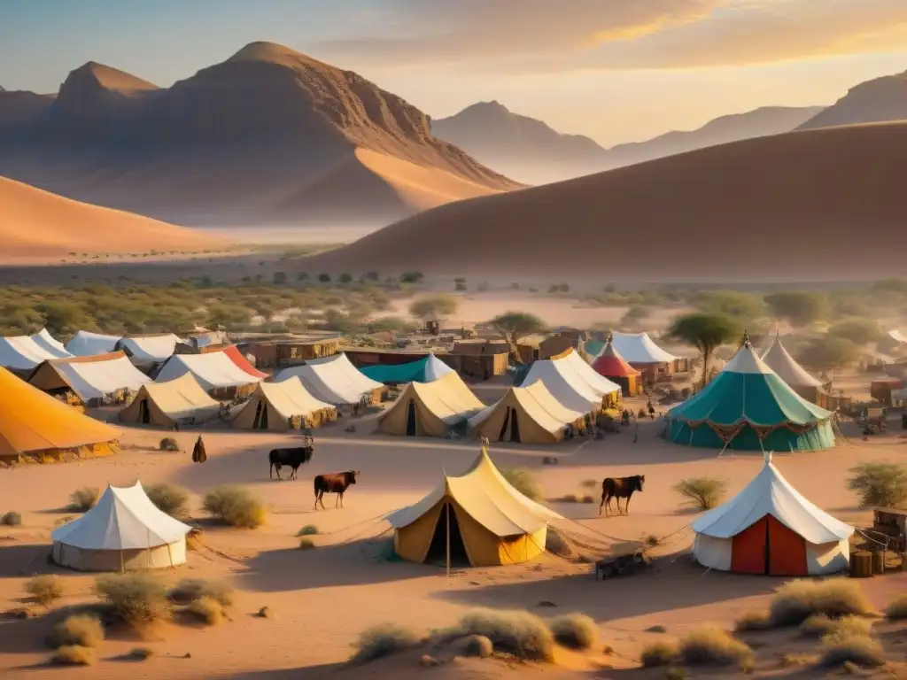 Vista detallada de asentamiento nómada en desierto, arquitectura tradicional y diseño moderno, vida cotidiana