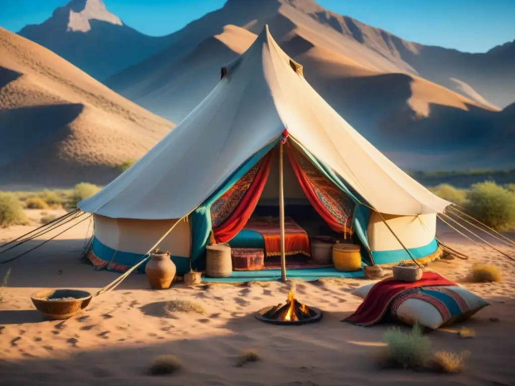 Vista detallada de la carpa nómada en el desierto, con tribu realizando preparativos para aventura nómada