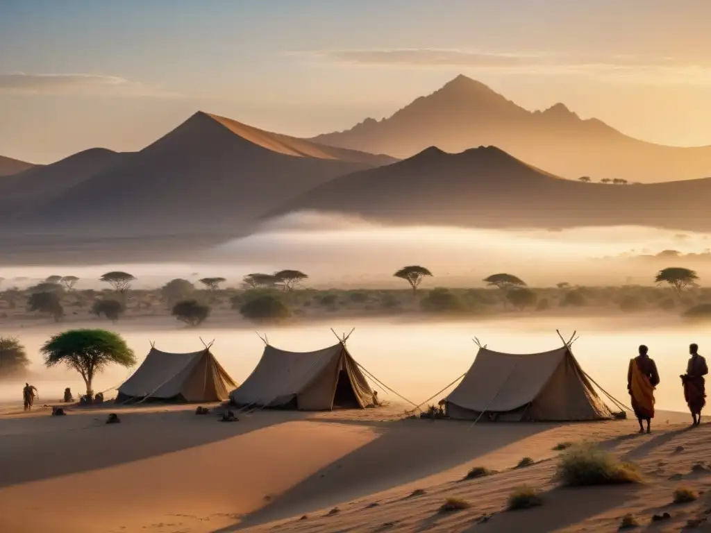 Vista detallada de prácticas diarias tribus nómadas al amanecer en el desierto