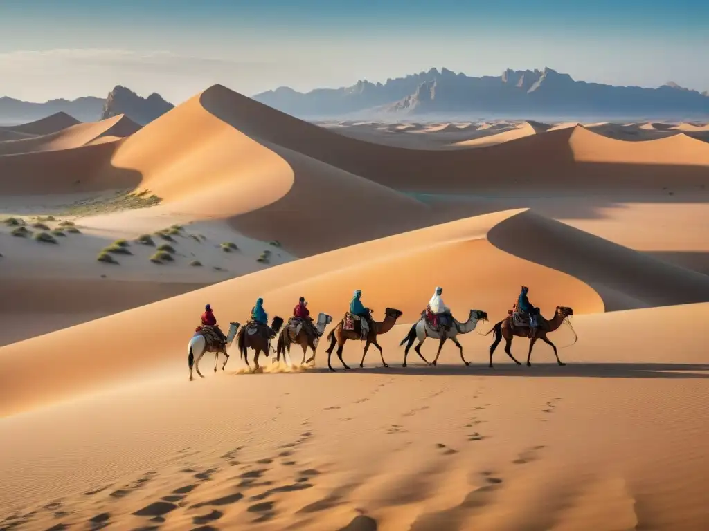 Épica travesía de nomadas Selyúcidas en el desierto Una vista épica del desierto con nómadas selyúcidas en camellos