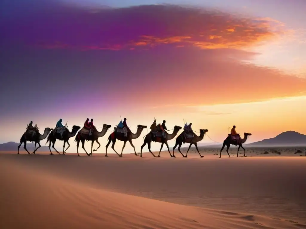 Una vista impresionante de tribus nómadas en un desierto al atardecer, transmitiendo historia, cultura y legado