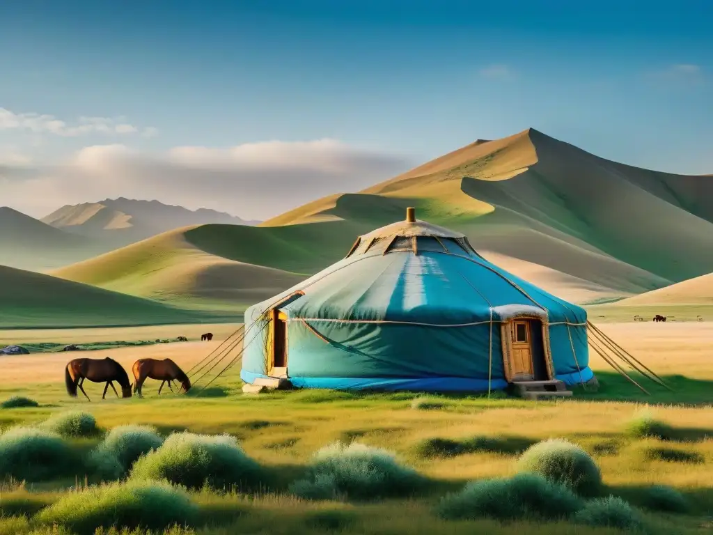 Una vista panorámica detallada de la estepa mongola con una yurta tradicional y caballos pastando, mostrando la arquitectura nómada en Asia Central