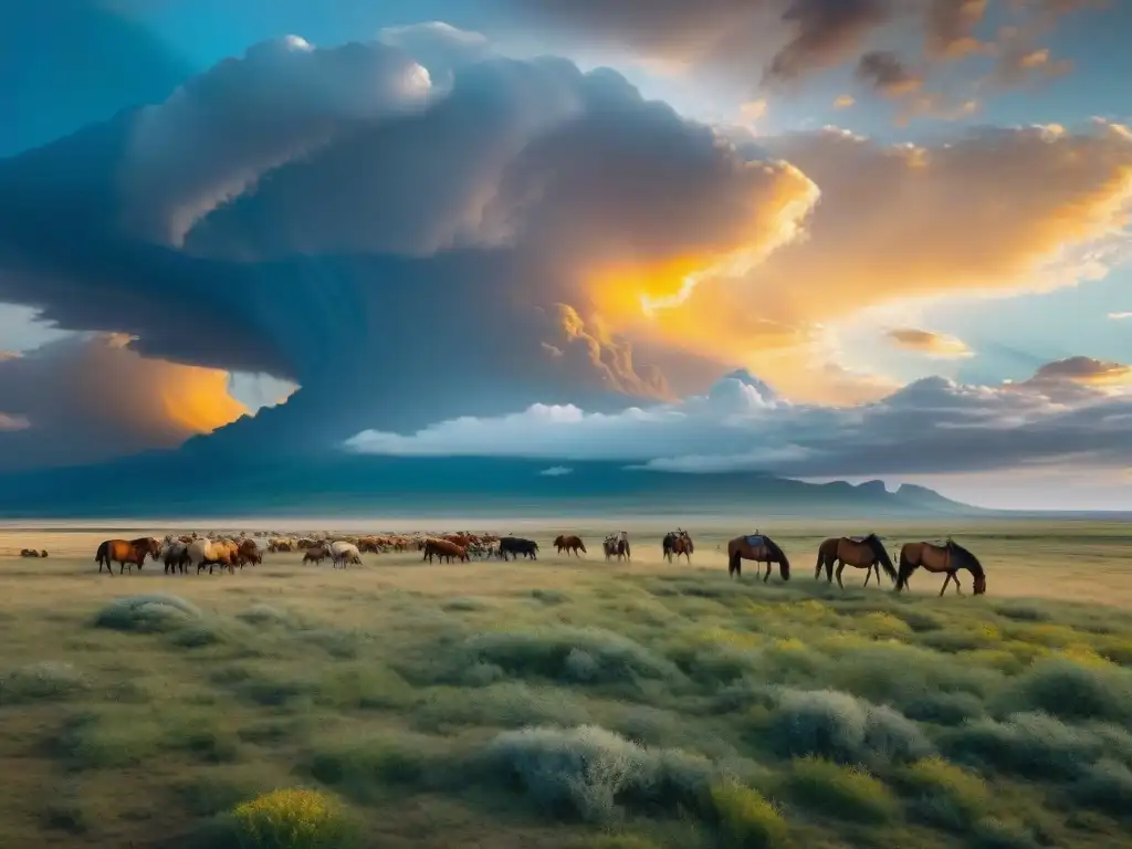 Vista panorámica dorada de la estepa con tribu nómada y caballos pastando