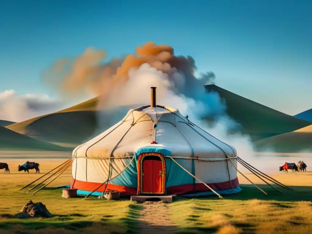 Vista panorámica de una yurta tradicional mongola en la estepa, rodeada de nómadas y yaks