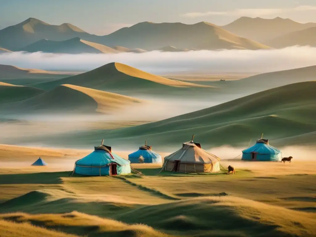 Vista panorámica de estepa mongola con yurtas nómadas al atardecer en el Parque Nacional Hustai
