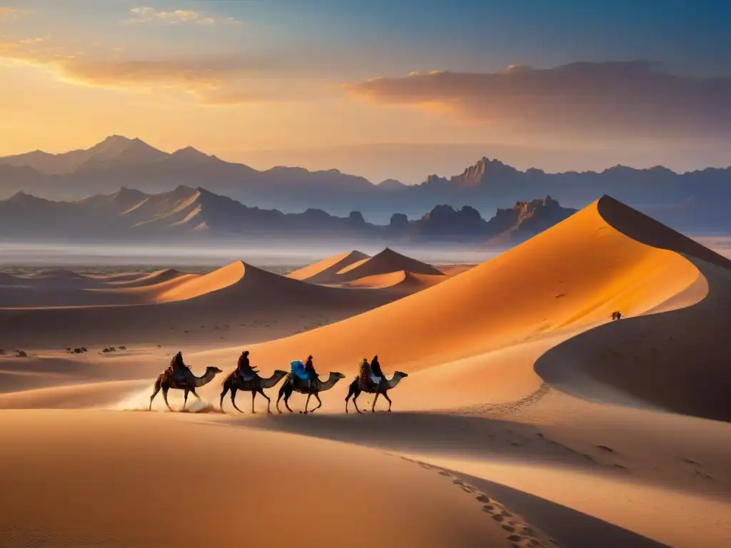 Vista de tribu nómada montando tiendas en el desierto al atardecer, con siluetas de camellos y personas bajo un cielo estrellado