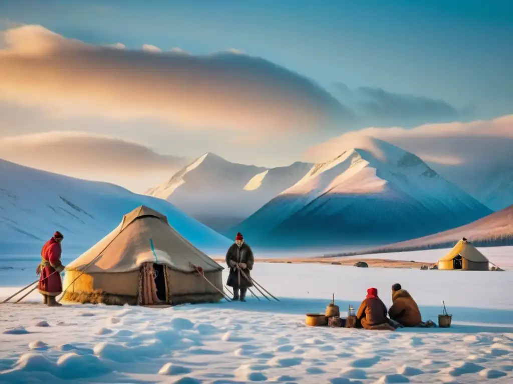 Vivencias de una tribu nómada siberiana montando yurtas en las estepas nevadas al atardecer