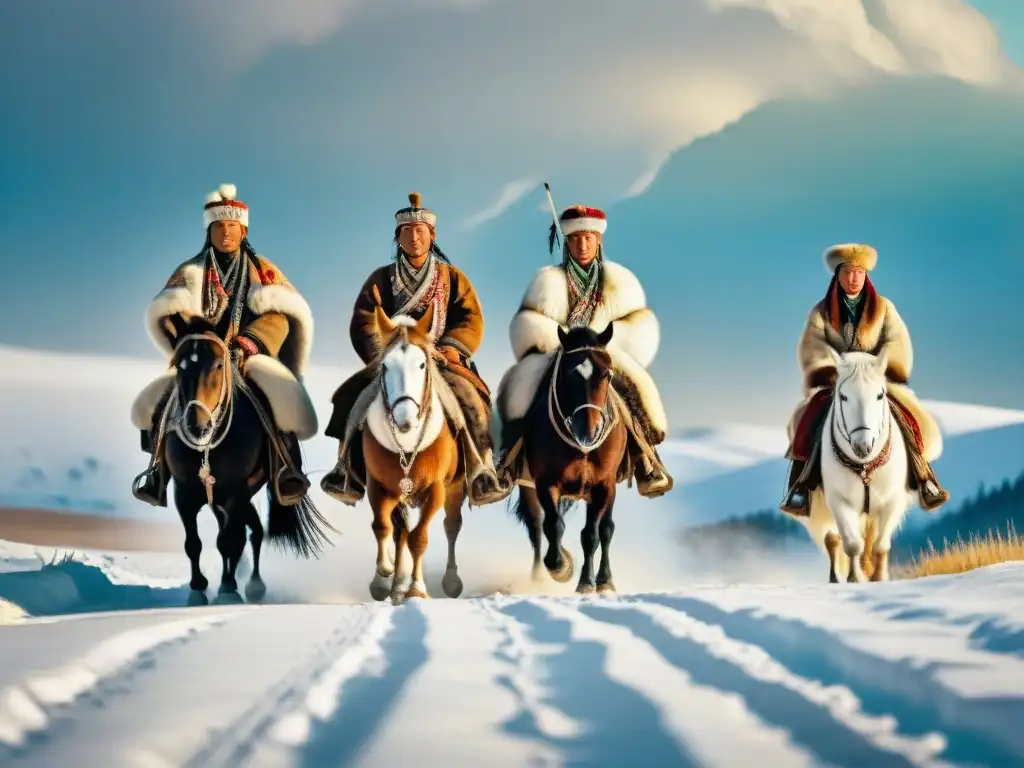 Vivencias de tribus nómadas en las estepas siberianas, cabalgando en la nieve con atuendos tradicionales