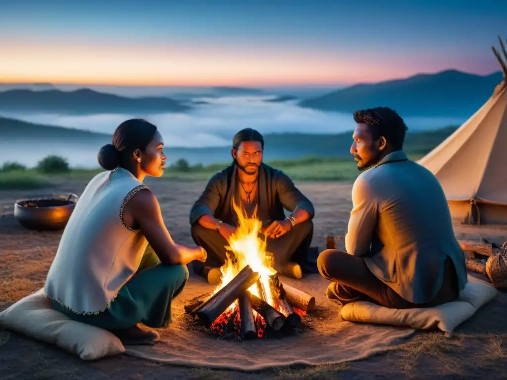 Vívida escena nocturna: tribus nómadas alrededor de una fogata, revelando significado rituales fuego tribus nómadas