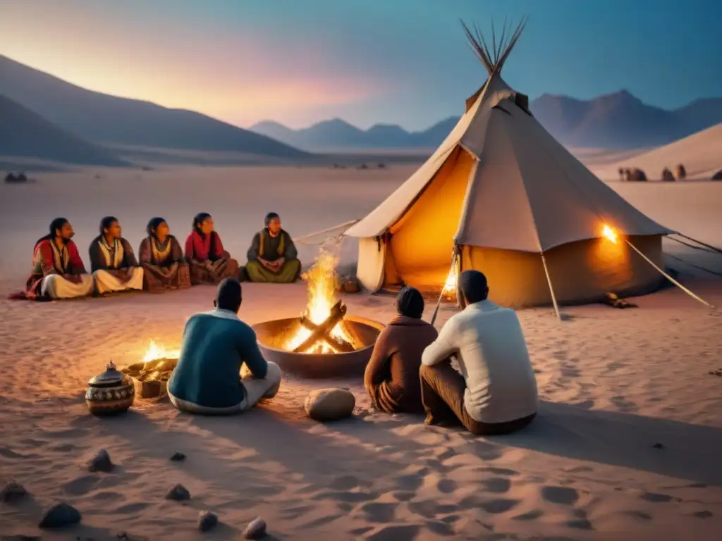 Vívida escena nocturna: tribus nómadas comparten historias alrededor del fuego en el desierto