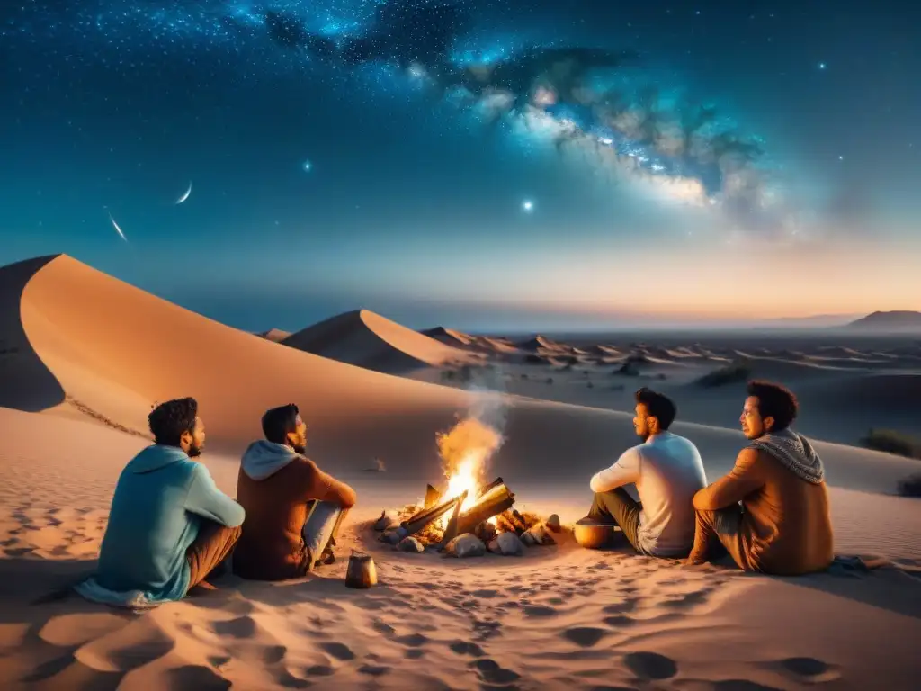 Vívida escena nómada: tribus en el desierto, observando el cielo estrellado y practicando la astronomía