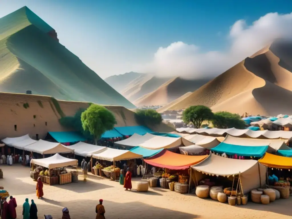 Mercado bullicioso en la Ruta de la Seda Vívido mercado nómada en la Ruta de la Seda, con intercambios culturales y majestuosas montañas, reflejando la justicia nómada en la Ruta de la Seda