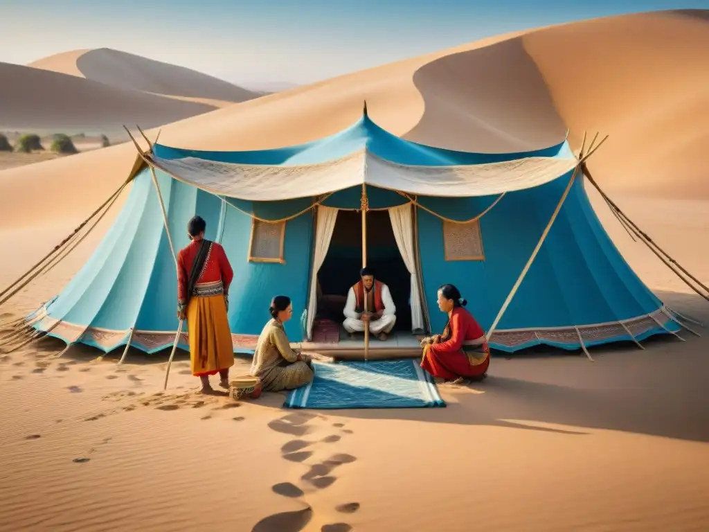 Viviendas nómadas: Grupo de nómadas construyendo una morada móvil en un desierto arenoso, bajo un cielo azul