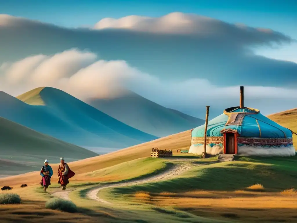 Una yurta vintage se destaca en la estepa mongola, rodeada de naturaleza y vida nómada